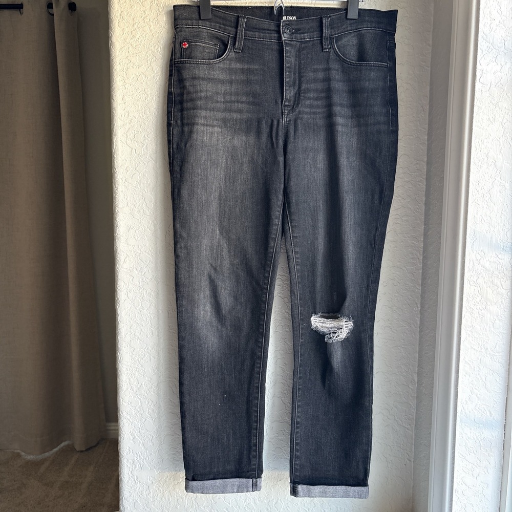 Hudson Womens 28 Black‎ Jeans Distressed Natalie Mid Rise Stretch Denim Cuffed